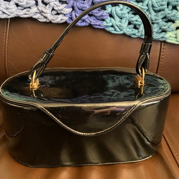 Vintage 1960s Black Patent Leatherette Train Case Tote Make Up Toiletry Bag - Picture 6 of 9